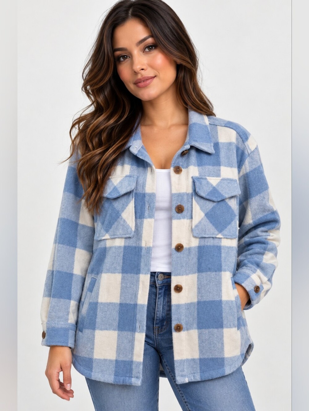 Blue & White Plaid Utility Shacket Jacket - Unbranded